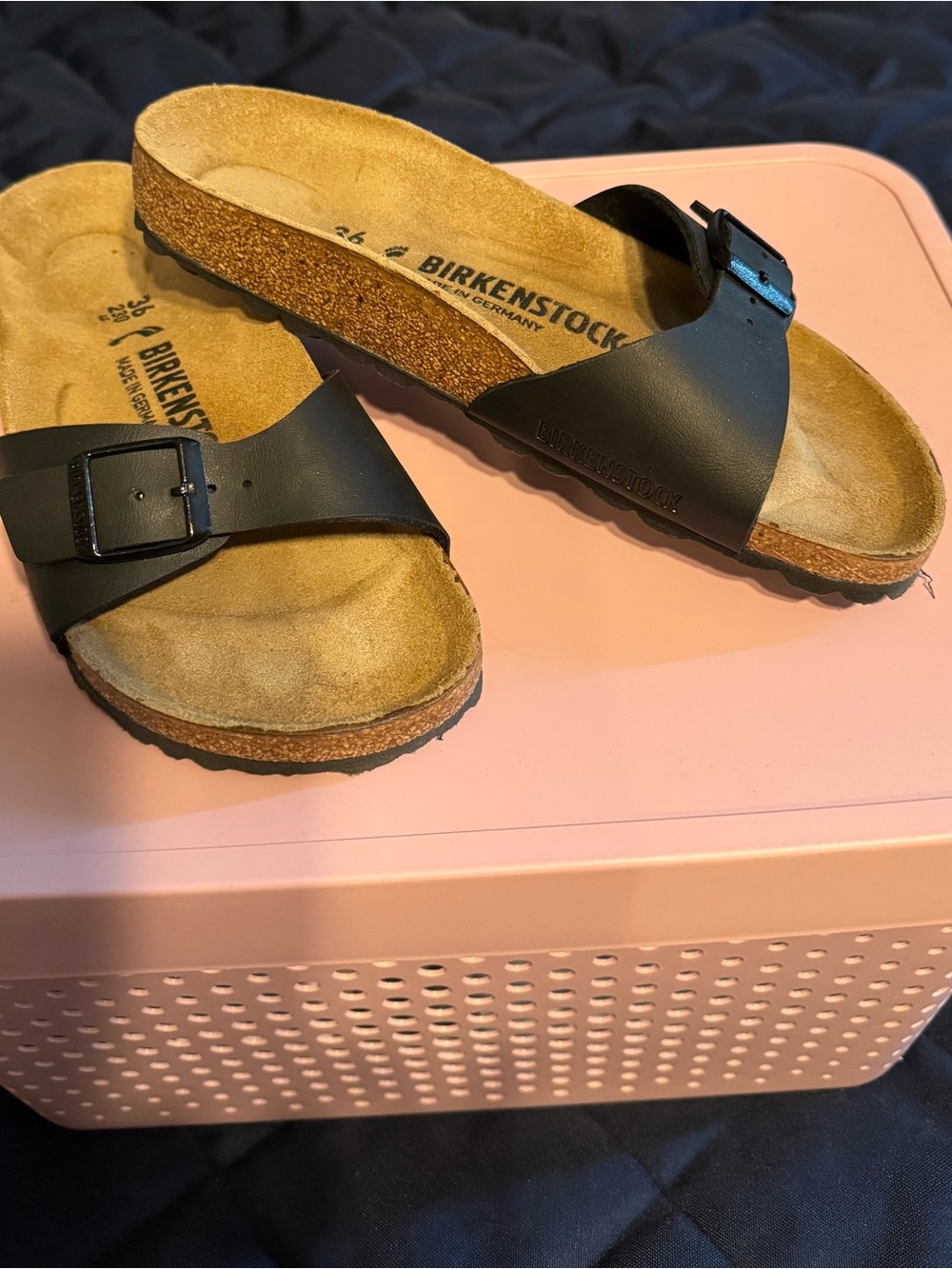 Birkenstock Black Leather Single-Strap Slide with Silver Buckle - Picture 1 of 5